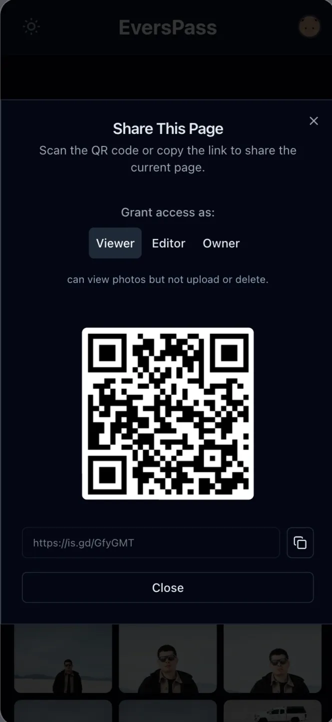 EversPass share page with QR code on mobile